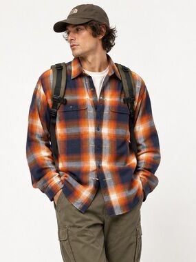 REI Co-op XL Orange Navy Plaid Gorpcore Flannel Shirt
